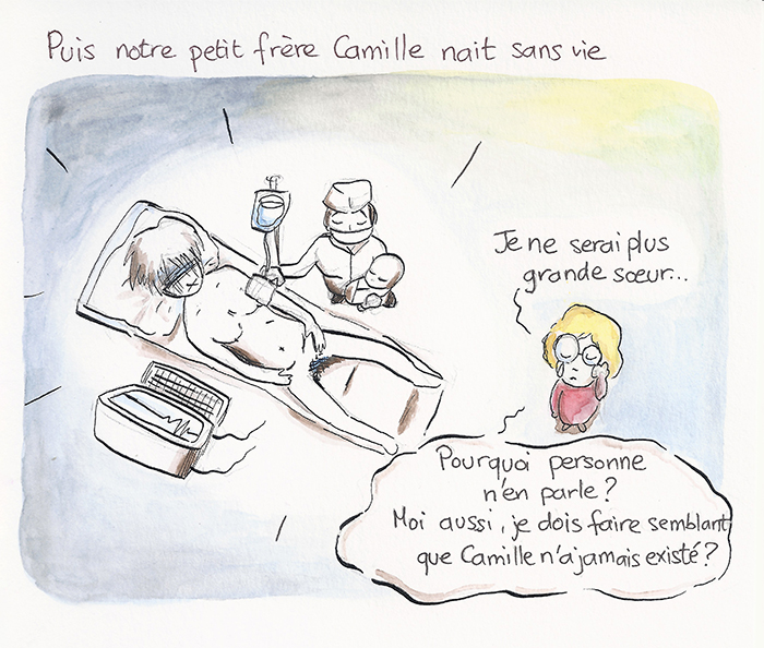 Planche 3 sur 19 de la bande dessinée. « Puis notre petit frère Camille naît sans vie. » Dans une chambre d’hôpital, la mère est allongée pendant qu’une soignante s’occupe du bébé. À côté, la petite fille pense : « Je ne serai plus grande sœur… Pourquoi personne n’en parle ? Moi aussi, je dois faire semblant que Camille n’a jamais existé ? »